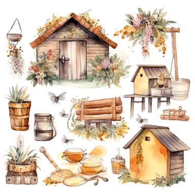Watercolor boho backyard beekeeping , illustrations clipart set, simple, soft colors, cartoon elements, different variants, beekeeping related items, beehives, beecomb, bees separate elements with a margin