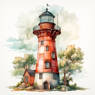Cute Beautiful Pastel Lighthouse Clipart, Watercolor, hyper realistic, intricate detail, illustration style, high resolution, on the white background