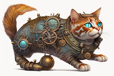 clipart, A beautiful cat with a steampunk-style mechanical fish in its paws, hd, on white background,