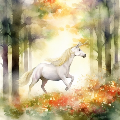 watercolor clipart of a unicorn trotting through an enchanting forest, surrounded by lush trees, blooming flowers, and rays of sunlight filtering through the foliage, Capture the sense of magic and adventure, high resolution, white background--ar3.2--s1000