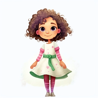 4 year old cartoon Pretty girl, cute cartoon white skin girl with medium lenght curly hair and brown eyes, wearing fuchsia clothes, smiling with her arms crossed. Pixar childrens book cartoon style, detailed, modern, urban, watercolor, full color, flat color, white background, children book illustration. Watercolor clipart. Pixar animation