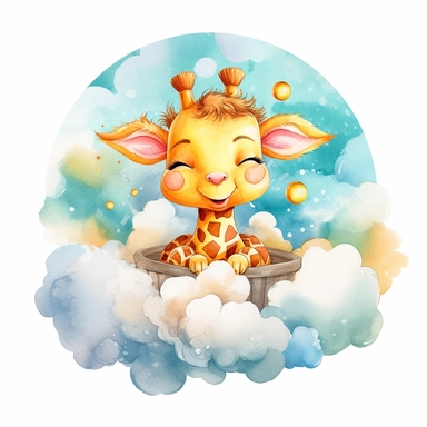 a captivating watercolor clipart image with a white background and white margins, featuring a cute sweet kawaii extremely happy smiling cartoon baby giraffe sleeping on a cloud, full body. The ultra-detailed, hand-drawn elements capture the details. Use vibrant shades of various colors to create a visually appealing image