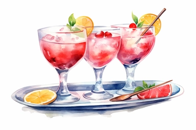a delightful watercolor, hyper-realistic clipart image with a white background and white margins, showcasing three glasses with cosmopolitan coctail on the tray. The ultra-detailed, hand-drawn elements