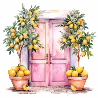 watercolor pink door with lemon trees in pots in front clipart on white background