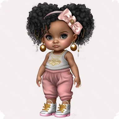 clipart, transparent background, 300dpi, baby diva girl standing, wearing baggy jeans, pink tank top, wearing really high gold high heels which are bigger than her feet, big pearl white necklace, curly hair, tied back, bow clip on hair, looking cute and chic