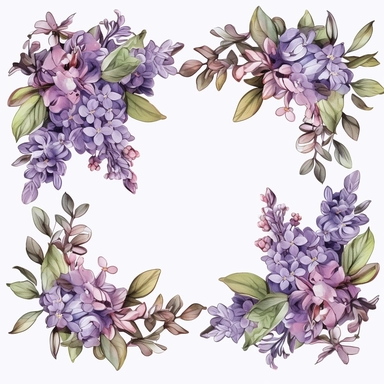 Lilac Border: A decorative border clipart with lilac blossoms and leaves adorning the corners, using a color scheme of lilac, dusty blue, and ivory, Watercolor, Detailed, sweet, majestic, high resolition, transparent background, no captions