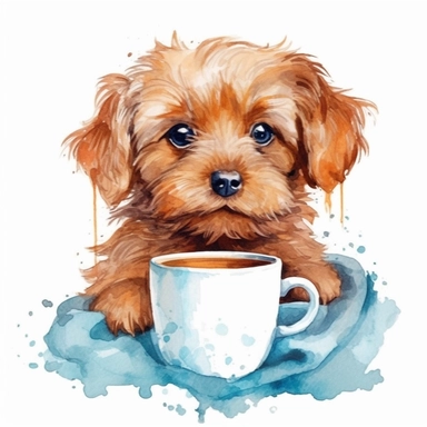 cute puppy holding coffee cup drawn in watercolor, vector design, cutout,Sublimation Clipart ,Cartoon,hyper realistic, intricate detail, illustration style,high solution,on the white background
