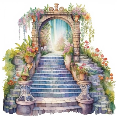 clipart, watercolor stair leading toward a waterfall, in the style of intricate, delicate flower and garden paintings, stone, rough clusters, small brushstrokes, arched doorways, colorful gardens, white background