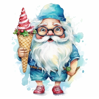 santa summer smile and cute big eyes wear big glasses full body , eat ice cream sea trip summer , cute funny laugh detailed digital art, whimsical and cute, cute detailed artwork, glimmering, adorable and whimsical, whimsical art, watercolor Clipart style