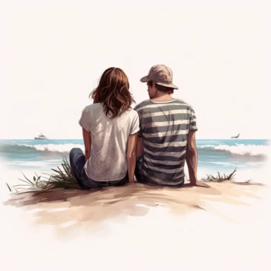 back view romantic couple, sitting on beach hugging, cuddling, no faces, summer fashion illustration clipart, png file, hyper realistic, transparent background,high detail, 8k