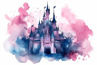 castle disney, watercolor clip art, in the style of light magenta and dark azure, dreamlike abstraction, shaped canvas, mist, dreamlike composition, eye-catching, medieval-inspired