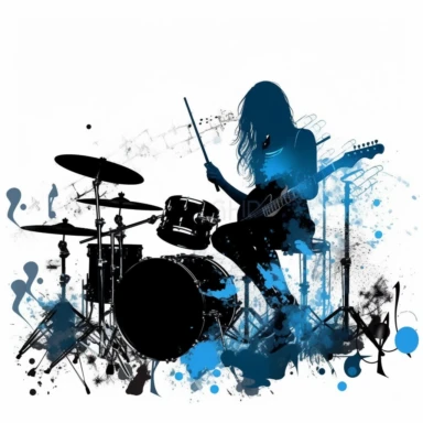 Music notes and instruments, a teenager (women) playing hardrock, drums, silhouette, on stage, vector style graphic, cool vibe, clipart, single design, white background