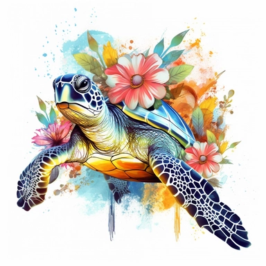 Vector Graphics turtle clipart Example: Midjourney image of a vector graphics turtle and flowers clipart with a white background
