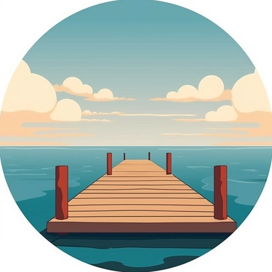 clipart picture of a dock, shore of beach, white clean edged circular background, clean lines and edges
