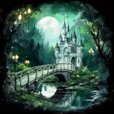 light watercolor Fantasy green Castles night scenery on the moon in the garden forest and bridges realistic clipart on black background