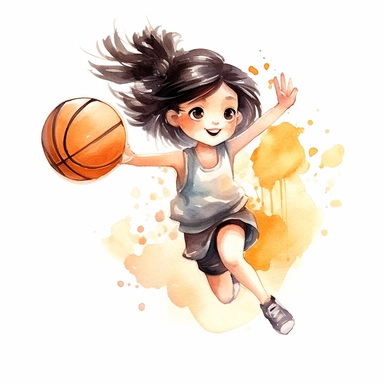 cute Watercolor white girl black hair cartoon basketball player shooting hoops, clipart, white background