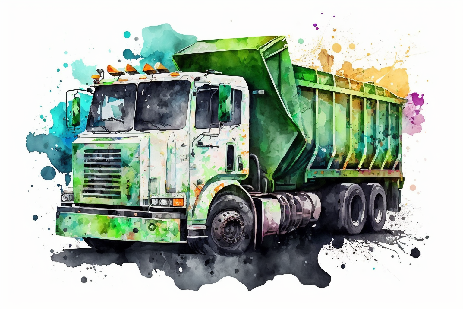 watercolor garbage truck clipart, hd, on white background, spaced out,