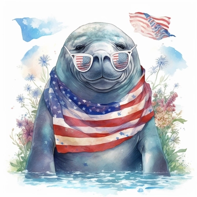 a gentle manatee in coastal waters, American flag scarf and sunglasses ,with seagrass beds, colorful ink wash paintings, anime-inspired character designs, hyper-realistic animal illustrations, 2d game art, quadratura, clipart, on white background,