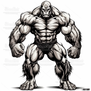 A human like angry body builder gorilla full body, black n white clip art illustration vector