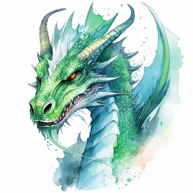 stuningly beautifull dangerous expressive looking emerald shinig dragon WITH HIGH DETAILED EYES with a fixing stare and a curved realy long extended neck looking in the camera with wind howling around its body , shimmering dust , magical glow, clipart, fantasy clipart watercolor fairytale dragon art watercolor art in front of a hills highly detailed uplight 8k in front of white background , WHITE BACKGROUND