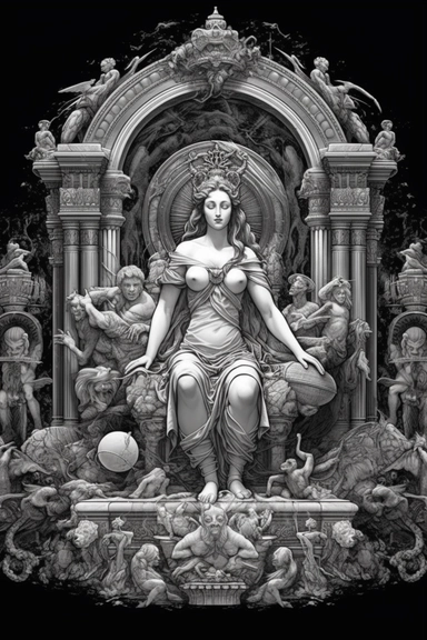 realistic looking intricate black white clip Art line art with shading of a white marble statue of Batman with Greek columns a garden and scrolls, surrounded by beautiful big chest fit athletic women, gigantic crystals, skulls mysterious dark background, cut and paste style, hd, 48k,