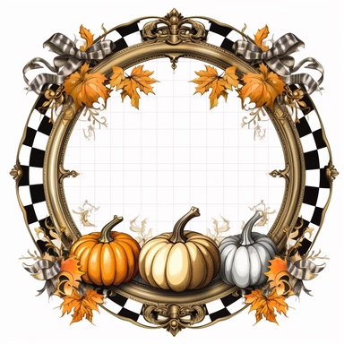 black and white large checkered harlequin pattern frame with gold trim, in the style of Victorian engravings, crystalcore, elegant, with a small Mackenzie Childs type pumpkin 8k clipart with white background