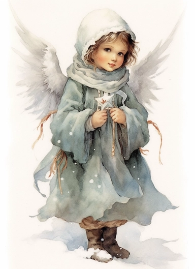 beautiful little Christmas angel , beautiful Christmas clipart, soft faded colors, art by Marjolein Bastin, Thomas Kinkade, Carl Larsson, Norman Rockwell, Susan Wheeler