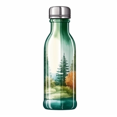 isolated illustration on a white background, a hyper realistic camping water bottle rich green and beige warm colors , Clipart, watercolor realistic and highly detailed, natural realistic warm colors