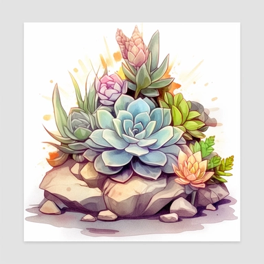 clipart, isolated on white background, Watercolor spring succulents by the hillside, indian style, miricle morning, ornated, pastel colors