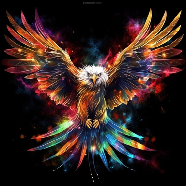 watercolor clipart of a colored eagle on a black background,, breathtaking rendering, within a radiant connection, inspired by Kinuko Y. Craft,, magical elements, kitten icon, wow, is beautiful, casting a multi colorful spell, bright flash, flash