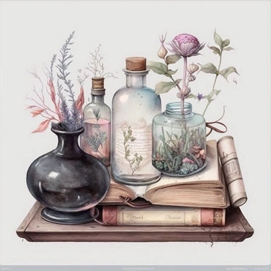 Light academy, old wooden shelf, potion bottle, bottle, grass, books, diary, glass with brushes, candles, vase, pink and white peonies, pink, white, light blue, purple, pastel colors,clipart on a white background, an illustration of by Annabel Kidston, shutterstock contest winner, generative art, detailed painting, digital illustration, photoillustration isolated on white background, digital watercolor