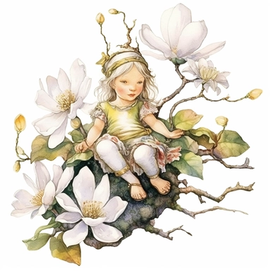 An illustration clipart painted by ann buccarelli, a little garden fairy on a magnolia branch, watercolour, vibrant colours, insanely detailed, on white background, amazing colour combo, with detailed watercolor blooms, bec winnel, intricately textured, close up, white border around the painting, walter Langley, lucy grossmith, heavy impasto technique, detailed shading, atmospheric watercolours, on white background clipart