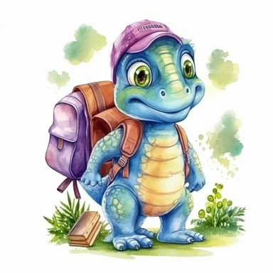 High resolution, cute baby dinosaur with backpack to school, watercolor clipart, white background for removing background