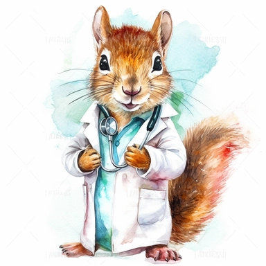 watercolor clipart, vey cute squirell, wearing a stethoscope and a white coat, working as a veterinarian, watercolor style, realistic, bright colors, 300 dpi, 8k, white and clear background, high solution