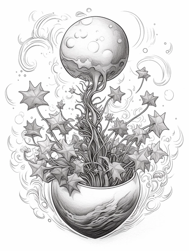 Coloring pages, black and white, linework, clip art, white background. Seedling growing, stars, planet.