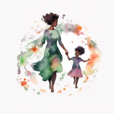 Black Mom and Me Watercolor, Clipart, High Res, Mother's Day, Mother's Love, waterpaint, fresh colors, happy, white backgroundm, simplified Art Nouveau, walking, enchanted forest, front to camera, version 4 style, high detailed, sharp