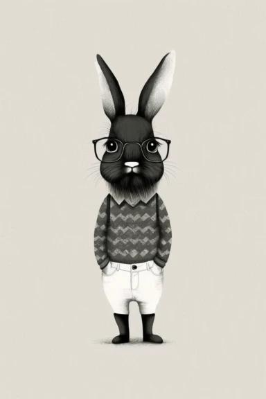 minimalistic pixar style clipart, minimalistic nordic style clipart, anthro hipster rabbit with mustache, minimalistic black and white color palette,