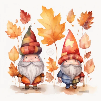 semi-cartoon style hand drawn watercolour clipart set of 2 cute gnomes with large bulbous noses in bright boho colors holding boho style autumn maple leaves, white background, 300 dpi, high quality digital art suitable for printing, spaced apart