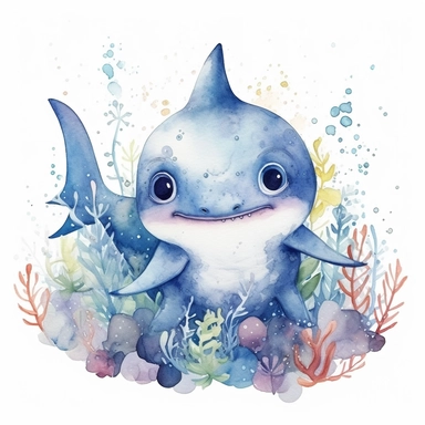 cutest little nursery shark with big eyes, full body, pen and ink with watercolor, seaweed, jelly fish, little fish, pearlescent horn, sparkles, glittery, clipart sheet, nurseycore