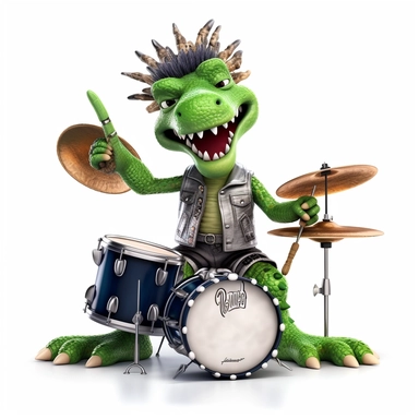 a crocodile dressed as a punk rockstar playing the drums with drumsticks, full body image, pixar style, clipart, white background