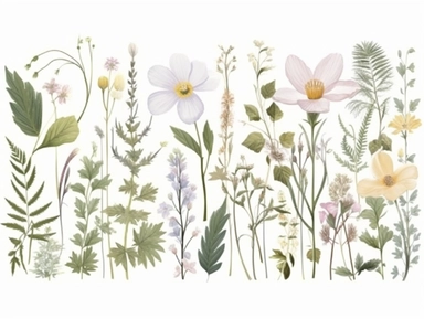 Clip art set.Woodland Fantasy: Wood Anemones, Trilliums, and Jack-in-the-Pulpits. Soft, Gentle, color pallete. perfect for adding a whimsical and romantic touch to invitations, stationery, and more, vector, contour, white background, clipart set, spaced out