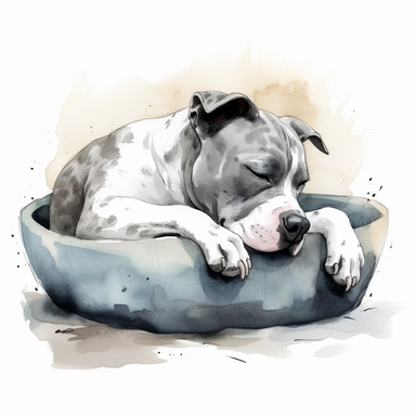 pit bull sleeping on a comfortable dog bed , water bowl, watercolor and ink drawing, clipart, happy, gentle smile, beautiful watercolor ink wash coloring, thick pencil lines, Jon klassen, Adrian tomine, popular on etsy, watercolor illustrations clipart, watercolor illlustrations for kids and children, book illustrations, plain white background