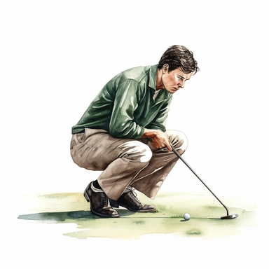 Idyllic watercolor clipart of a young modern golfer with dark hair in close fitting sports golf clothes putting the ball on the putting green, isolated on a pure white background, insane detail,