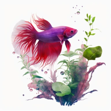 red with purple tail betta fish swimming in water plants, light watercolor clipart, isolated on white background, Susan Harrison, no text, no captions