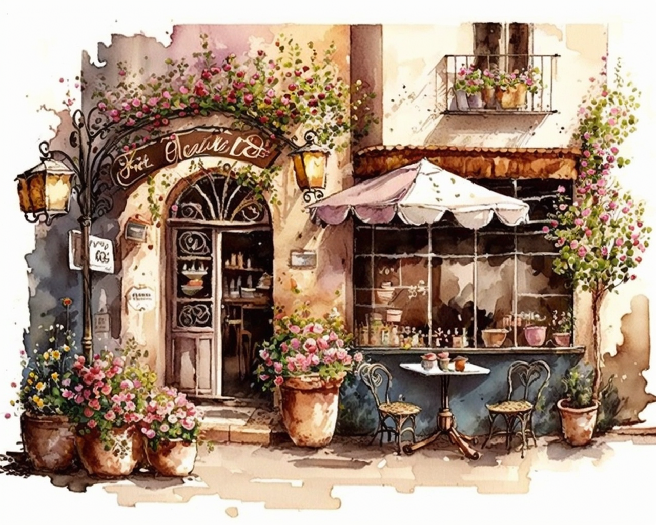 Clipart, watercolor painting, coffee shop As the gentle breeze carries ...