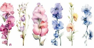 Watercolor realistic Hollyhock, iris, morning glory orchid and peony floral cliparts with white background