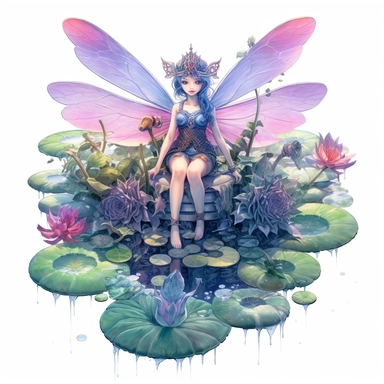 On a floating lily pad in a tranquil pond, a serene blue, pink, and purple steampunk mesmerizing pixie rests, surrounded by delicate water lilies and colorful dragonflies. White background, intricate details, retro-futurism, watercolor clipart, hyper-realistic