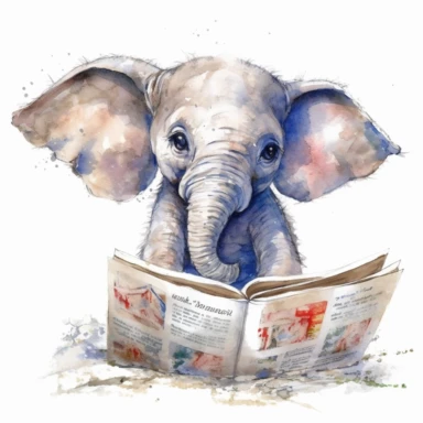 Create a watercolor illustration clipart of a playful cute Baby Elephant Reading a newspaper with glasses, with its full body visible. Use soft, flowing brushstrokes and a warm, inviting color palette to create an image that is both charming and whimsical. Incorporate intricate details like the motion of Baby Elephant Reading a newspaper with glasses to create a lifelike, realistic image. Can add other elements to the illustration like related item to play to create playful scene. Use white back