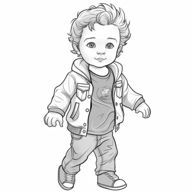 baby wearing a jean jacket, b&w lineart, minimalist style, white background, full body, picture, coloring book style on white background, well composed, clean coloring book page, No dither, no gradient, strong outline, No fill, No solids, vector illustration, clipart, simple, cartoon –ar 9:11 –v 5