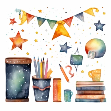 Whimsical watercolor clipart, back to school banner, set of graphics, including black board, stack of books, stationery items in a rusty cup, paint, notebook, bunting, stars and dots, white background